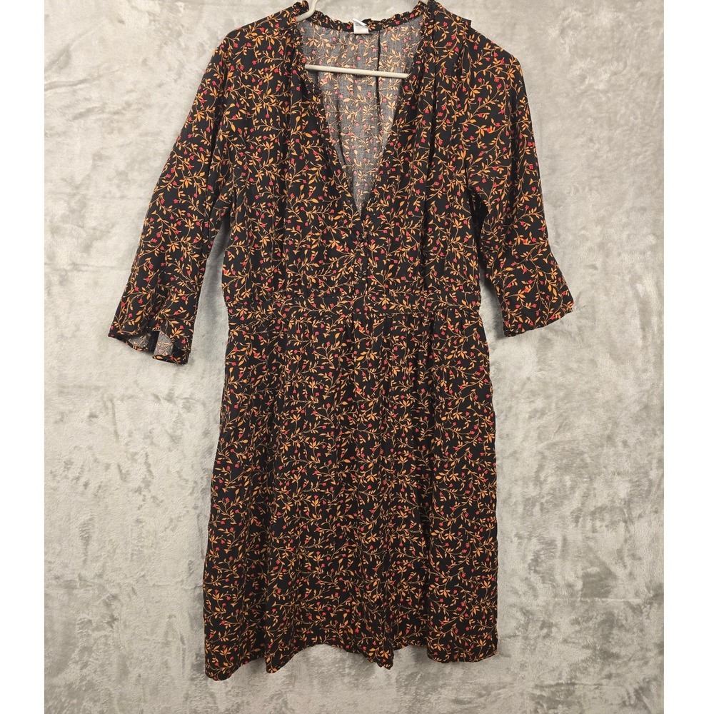 Old Navy Womens XL Floral Print V Neck Smocked Waist Midi Dress Black Orange